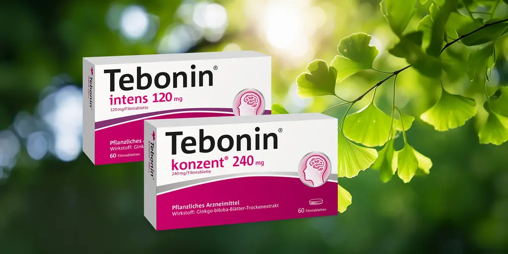 Packungsabbildungen von Tebonin konzent und Tebonin intens vor einem Ginkgo-Hintergrund