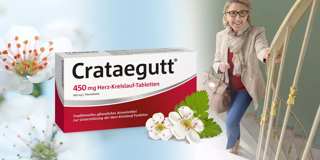 Crataegutt Packung zwischen Weißdornblüte und Dame im Treppenhaus