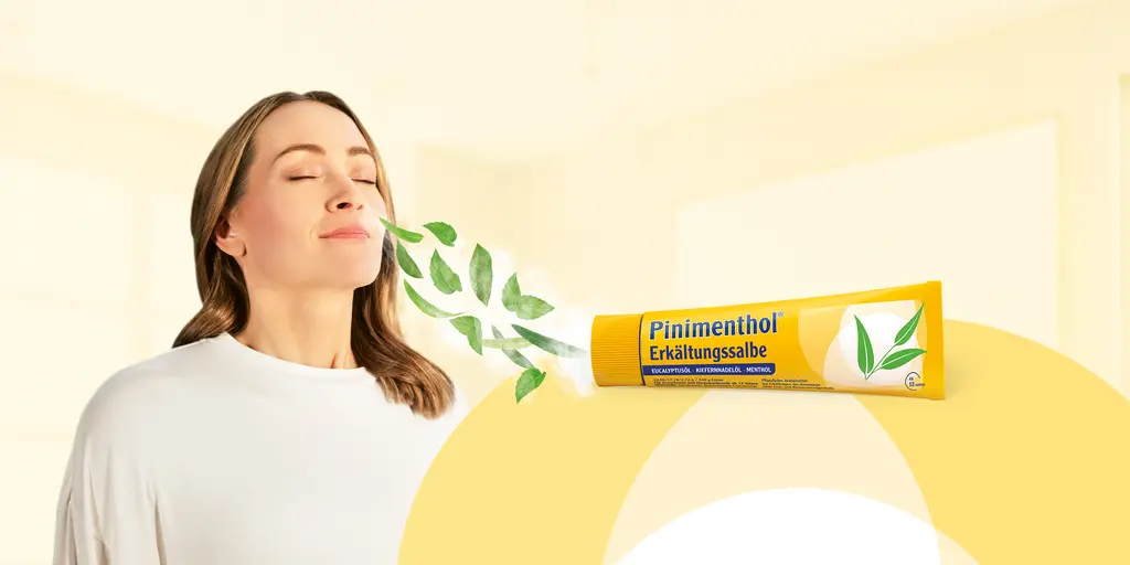 Bildkomposition aus Pinimenthol®-Salbentube und einer jungen Frau, die die ätherischen Öle von Pinimenthol® einatmet