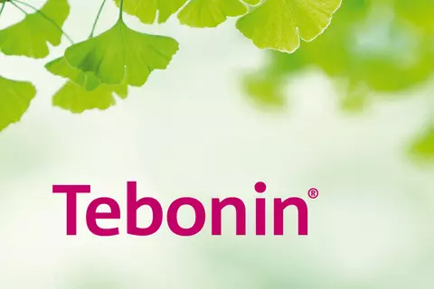 Tebonin-Logo mit einem Composing von Ginkgo-Blättern als Hintergrund
