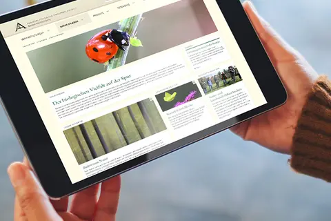 Aufsicht auf ein Tablet mit der Website der Akademie für Natur- und Umweltschutz Baden-Württemberg, dass eine junge Frau in den Händen hält