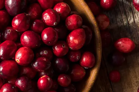 Cranberries in einer Schale, die auf einer Holzplatte steht. Weitere Cranberries sind um die Schale verteilt