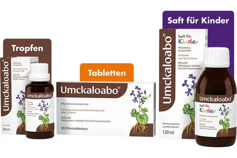 Umckaloabo Packshots: Tabletten, Tropfen, Saft für Kinder
