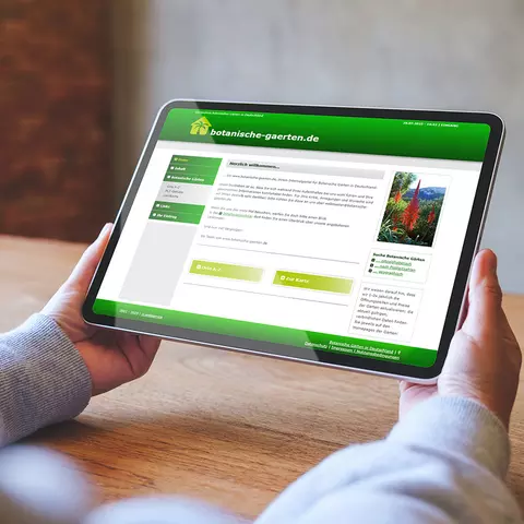 Aufsicht auf ein Tablet mit geöffneter Website botanische-gaerten.de, dass eine junge Frau in den Händen hält