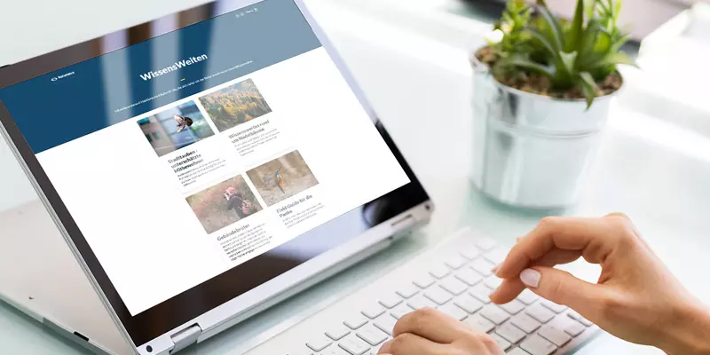 Aufsicht auf ein Laptop mit geöffneter Website des Berliner Museums für Naturkunde, die sich eine junge Frau anschaut