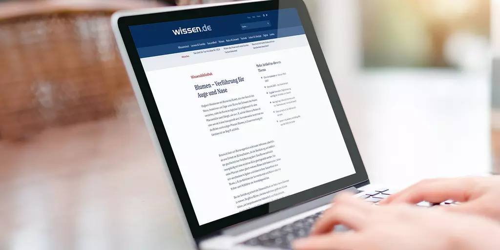 Aufsicht auf ein Laptop mit geöffneter Website von wissen.de, die sich eine junge Frau anschaut