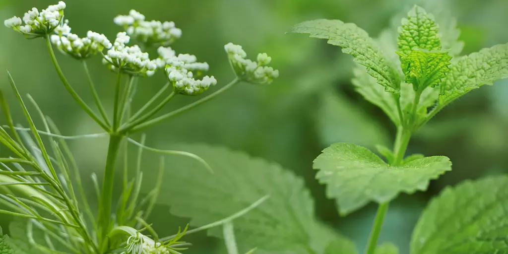 Bildkomposition aus Detailaufnahmen von Kümmelblüten und Pfefferminzblättern