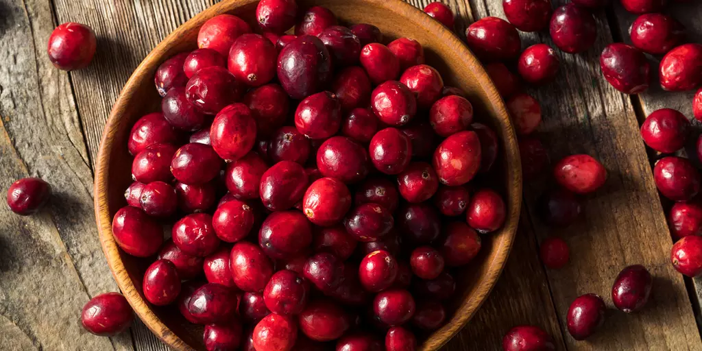 Cranberries in einer Schale, die auf einer Holzplatte steht. Weitere Cranberries sind um die Schale verteilt