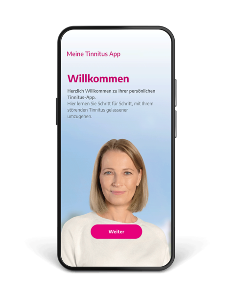 Mobiltelefon mit dem Startbildschirm der meinetinnitusapp