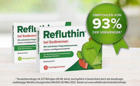 Packungsabbildungen von Refluthin® mit Fruchtgeschmack und Refluthin® mit Minzgeschmack mit Siegel Verwenderumfrage