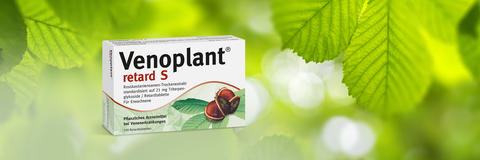 Composing aus Kastanienblättern auf denen eine Venoplant-Packung platziert ist