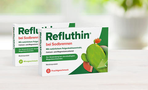 Gruppenbild Refluthin Packungen mit Minz- und Fruchtgeschmack